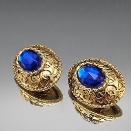 Vintage Gold-Tone Ornate Clip-On Statement Earrings With Blue Stone