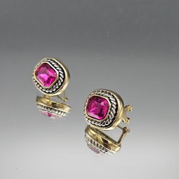 Vintage Two-Tone Pink Crystal Cushion Cut Leverback Earrings