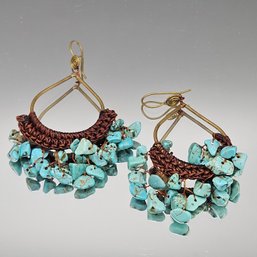 Boho Turquoise Nugget Macrame Hoops Artisan Statement Earrings