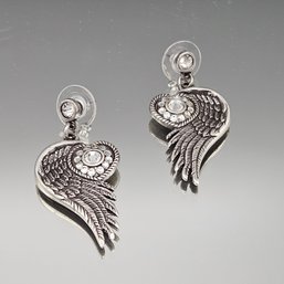Vintage Silver Tone Angel Wing Stud Earrings With Crystal Accents