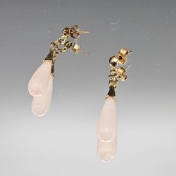 Rose Quartz Teardrop Dangle Earrings Gold Tone Chain
