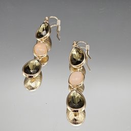 Gold-Tone Multi-Stone Drop Earrings With Smoky & Rose Cabochons