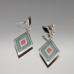 Geometric Enamel Dangle Earrings - Silver Tone Rhombus