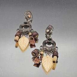 Mixed Media Chandelier Earrings With Carved Leaf & Stone Charms