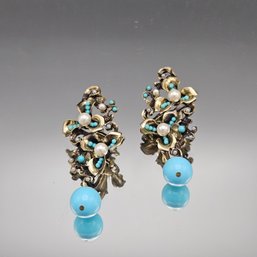 Vintage Gold Tone Faux Pearl & Turquoise Glass Bead Floral Post Earrings
