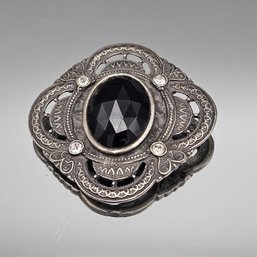 Antique Style Silver-Tone Filigree Mourning Brooch