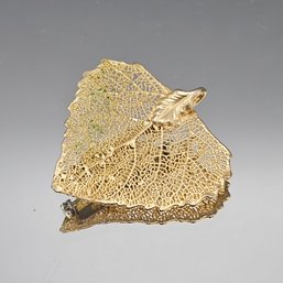 Gold Tone Filigree Leaf Brooch  Skeleton Leaf Pin