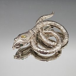 Coiled Snake Statement Brooch, Silver Tone Textured Reptile Pin