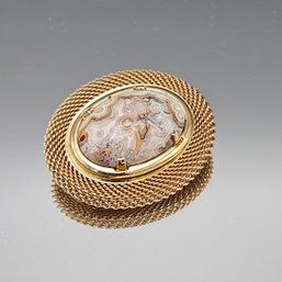Mid-Century Crazy Lace Agate Mesh Brooch, Gold Tone