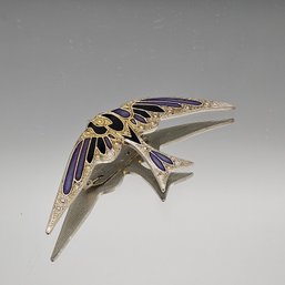 Silver Tone Swallow Bird Brooch With Purple & Black Enamel