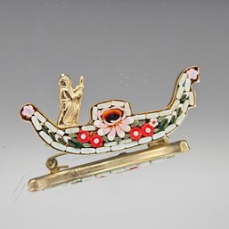 Mid-Century Italy Micro Mosaic Floral Gondola Souvenir Brooch
