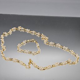 Faux Pearl & Gold-Tone Floral Link Jewelry Set: Necklace & Bracelet