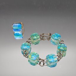 Dichroic Glass & Sterling Silver Jewelry Set: Bracelet And Ring