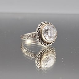 Sterling Silver 925 Woven Chain Pattern Ring Round Brilliant Cut Clear Stone Size 9.5