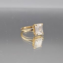 Gold Tone Emerald Cut Clear Solitaire Ring Size 6.5