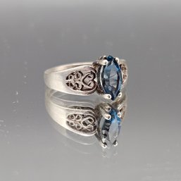 Vintage Sterling Silver Marquise Filigree Ring With Blue Stone, Size 7