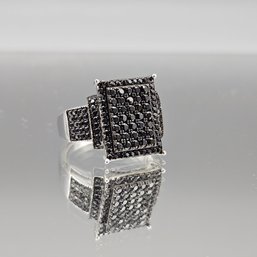 925 Sterling Silver Black Spinel Pave Square Statement Ring - Size 11