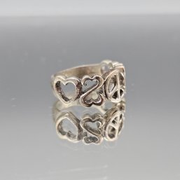 Vintage Sterling Silver Openwork Hearts And Peace Sign Ring - Size 8
