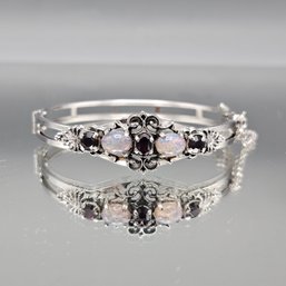 Sarah Opal? & Garnet? Silver Tone Hinged Bangle Bracelet 2.20