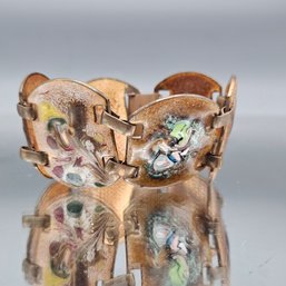 Vintage Copper Tone Enamel Panel Link Bracelet Abstract 7'