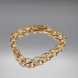 Gold Tone Link Bracelet With Clear Rhinestones 7'