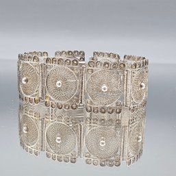 Silver Tone Filigree Panel Bracelet Wide Ornate 7'