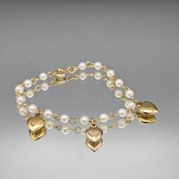 Gold Tone & Pearl Charm Bracelet With Puffy Heart Dangles 6'