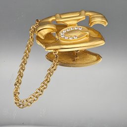 JJ Jonette Jewelry Gold Tone Rotary Telephone Brooch With Rhinestones