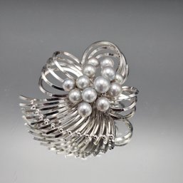 Large 2' Sterling Silver & Faux Pearl Spray Brooch - 0.62 Ozt