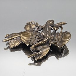 JJ Jonette Jewelry 1986 Pewter Lizard On Leaves Brooch