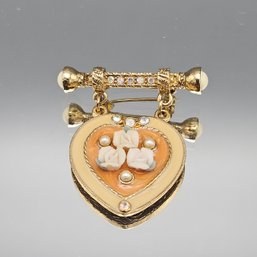 Gold-Tone Heart Brooch With Porcelain Roses & Faux Pearls
