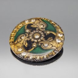Gilt Brass & Green Enamel Brooch With Rhinestone Accents