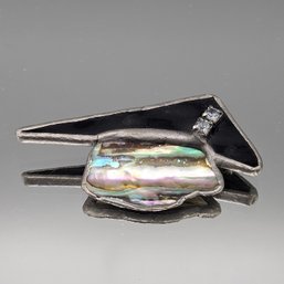 Abalone Shell Brooch Black Inlay Rhinestone Geometric Statement Pin 2.5'