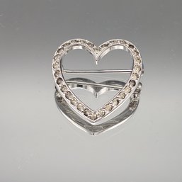 Sterling Silver Open Heart Rhinestone Brooch Pin - 0.08 Ozt