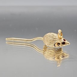 Gold Tone Mouse Brooch With Red Rhinestone Eyes