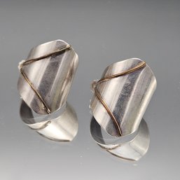 Artisan Sterling Silver Brutalist Mixed-Metal Concave Wrap Earrings .261 Ozt