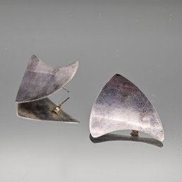 Silver Tone Concave Triangle Post Earrings