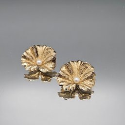 Napier Gold Tone Sculptural Leaf Earrings, Clip-On, Faux Pearl Center