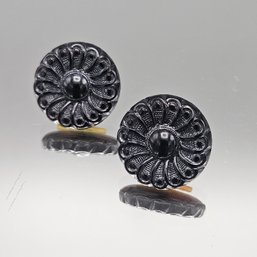 Black Glass Floral Button Earrings