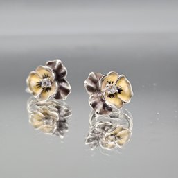 Sterling Silver Enameled Pansy Clip-On Earrings With CZ Accents