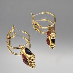 Multi-Stone Inlaid Gold-Tone Dangle Hoop Earrings