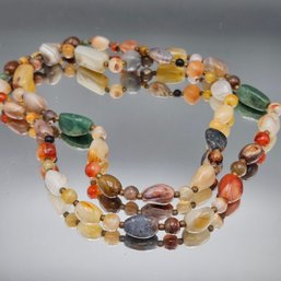 Bohemian Earth Tone Stone Bead Necklace Set  Hand-Knotted & Brass Barrel Clasp 36'