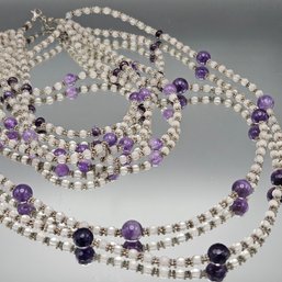 Multi-Strand Amethyst & Moonstone 925 Sterling Silver Beaded Necklace, 18'