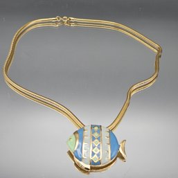 Enamel Fish Pendant On Gold Tone Round Snake Chain Necklace-19'