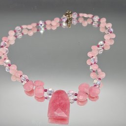 Pink Gemstone Beaded Necklace, Large Faceted Center Stone, Toggle Clasp
