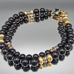 Black Beaded Necklace Gold Tone Accents Panther Clasp 18