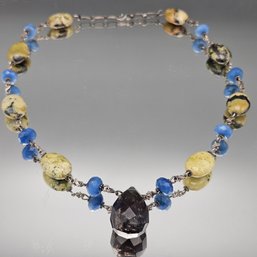 Smoky Quartz Pendant Necklace Blue & Green Gemstone Beads 18'