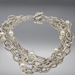Silver Tone Multi Chain Necklace W/ Faux Pearls Toggle Clasp 17'