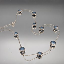 Long Sterling Silver Necklace Blue Enamel Round Stations 30'