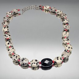 Dalmatian Jasper Bead Necklace W/ Black Faceted Center Stone 18